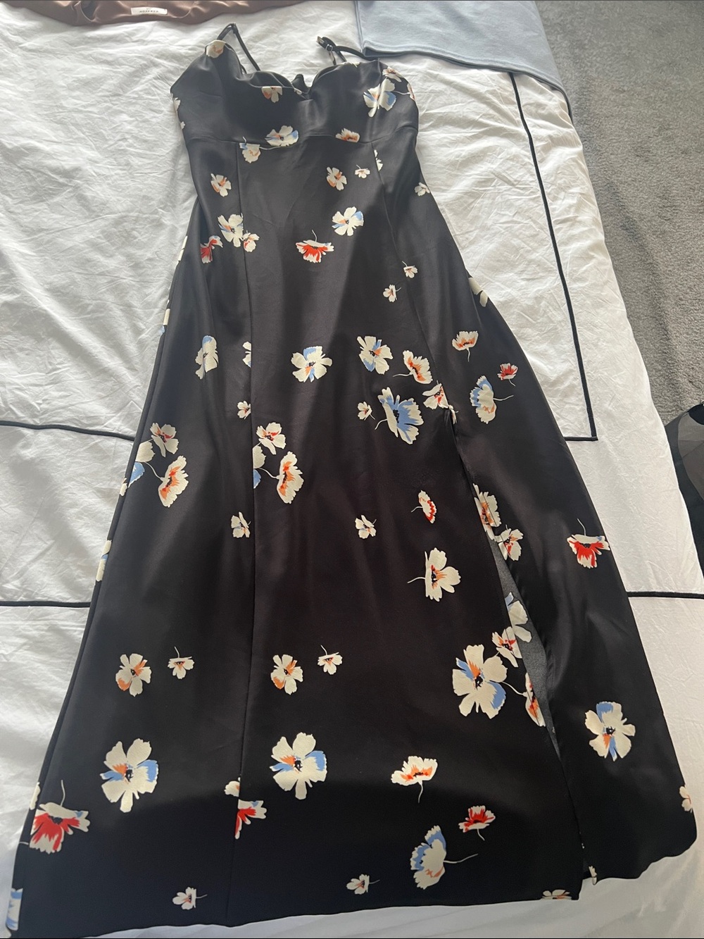 Dynamite Black Floral Midi Dress with White, Blue & Red Flowers